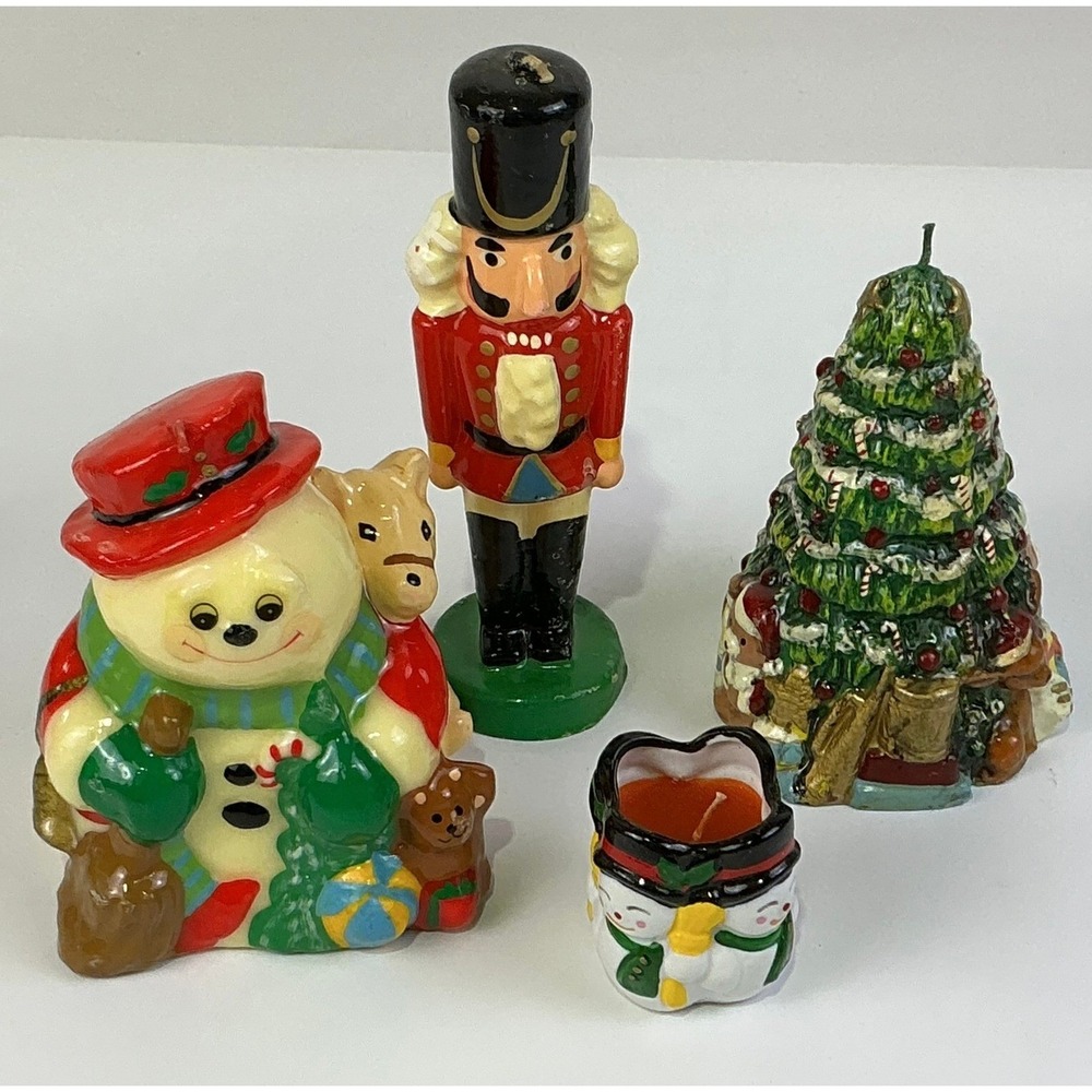Set of 4 Christmas Candle Snowman Nutcracker Tree Small Snowman Candle